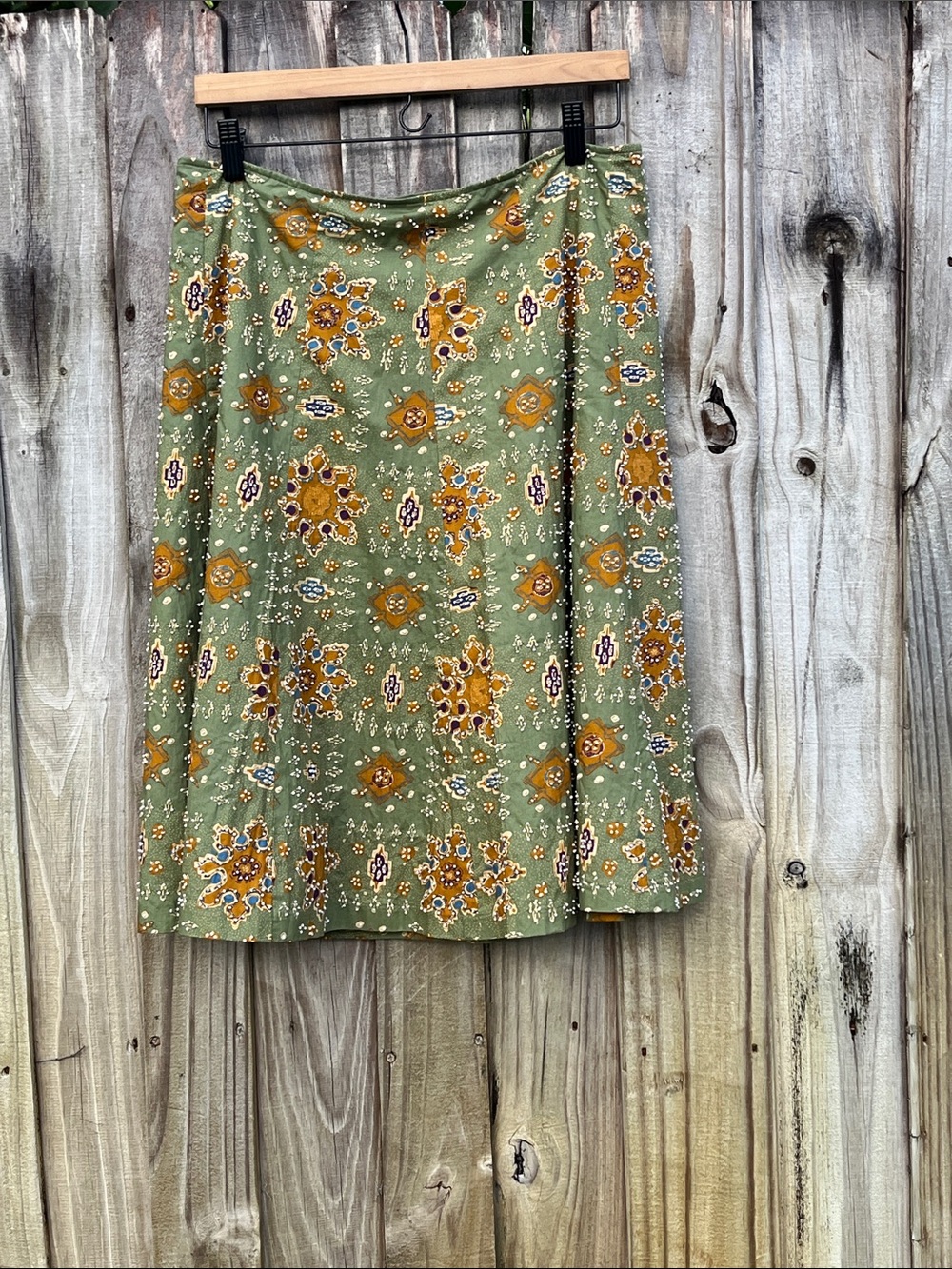 DKNY Olive Green A-Line Skirt with Mustard Floral Pattern